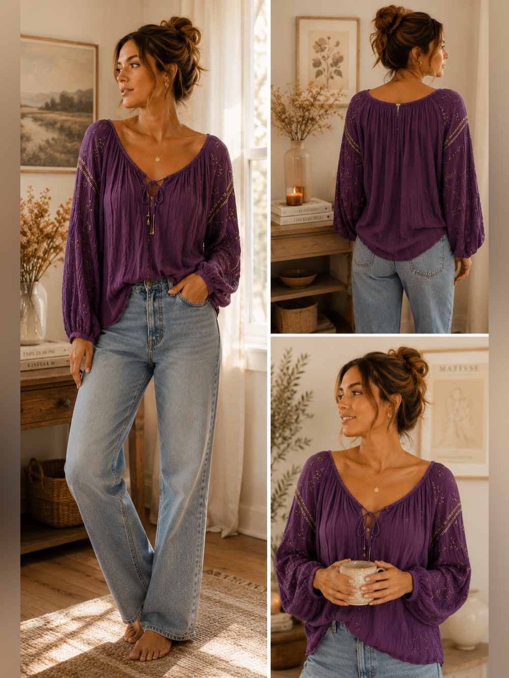 Free People Purple Embellished Boho Peasant Blouse Long Sleeve Beaded Top